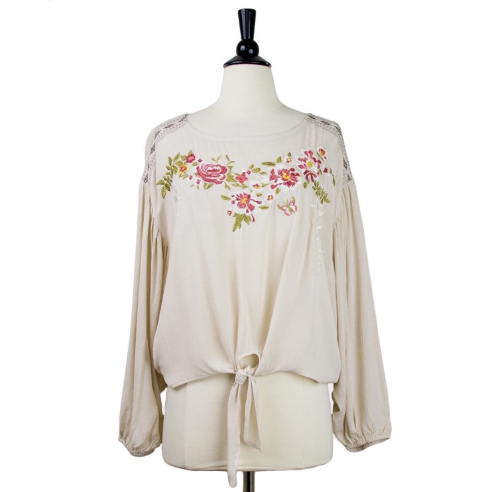 Mystree | Blush Embroidered Tie Front Top